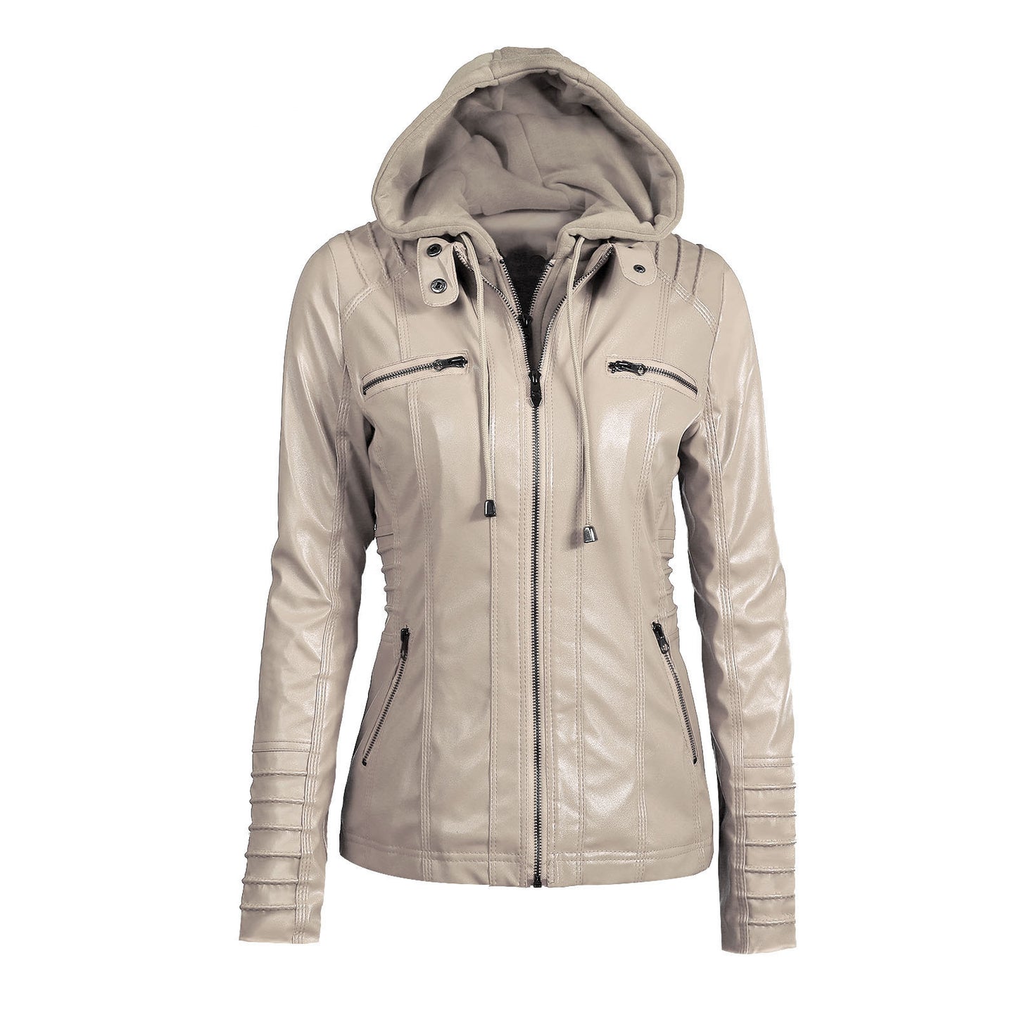 Detachable hooded lapel zipper long-sleeved solid color women's leather