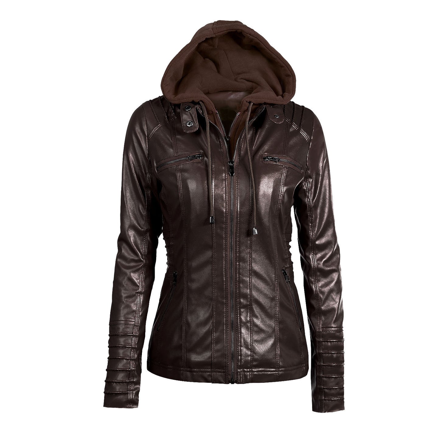 Detachable hooded lapel zipper long-sleeved solid color women's leather