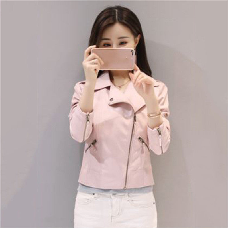 Women's short slim pink leather jacket