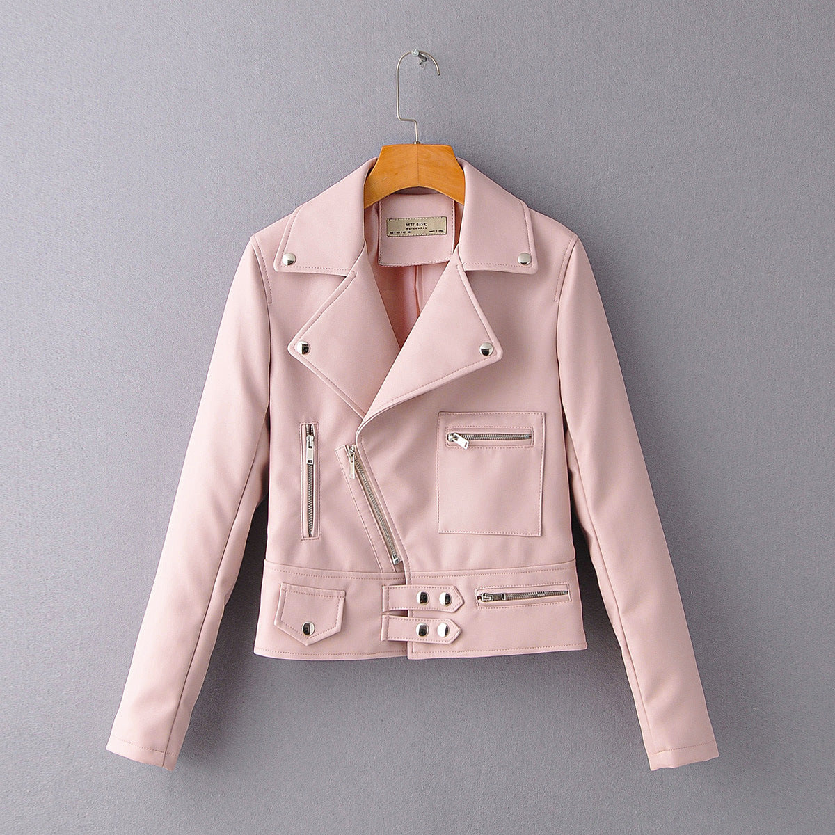 Ladies Lapel Diagonal Zipper Motorcycle Leather PU Jacket