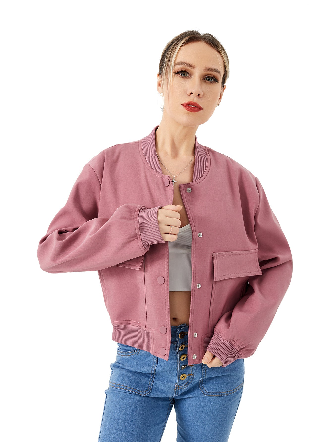 Women Lightweight Casual Cropped Bomber Jacket