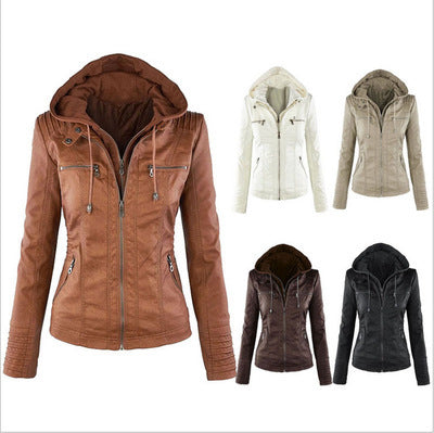 Detachable hooded lapel zipper long-sleeved solid color women's leather