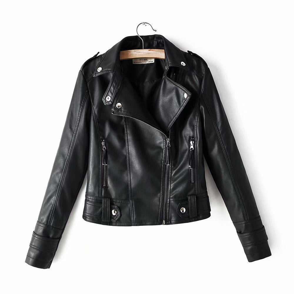 Short PU motorcycle leather jacket