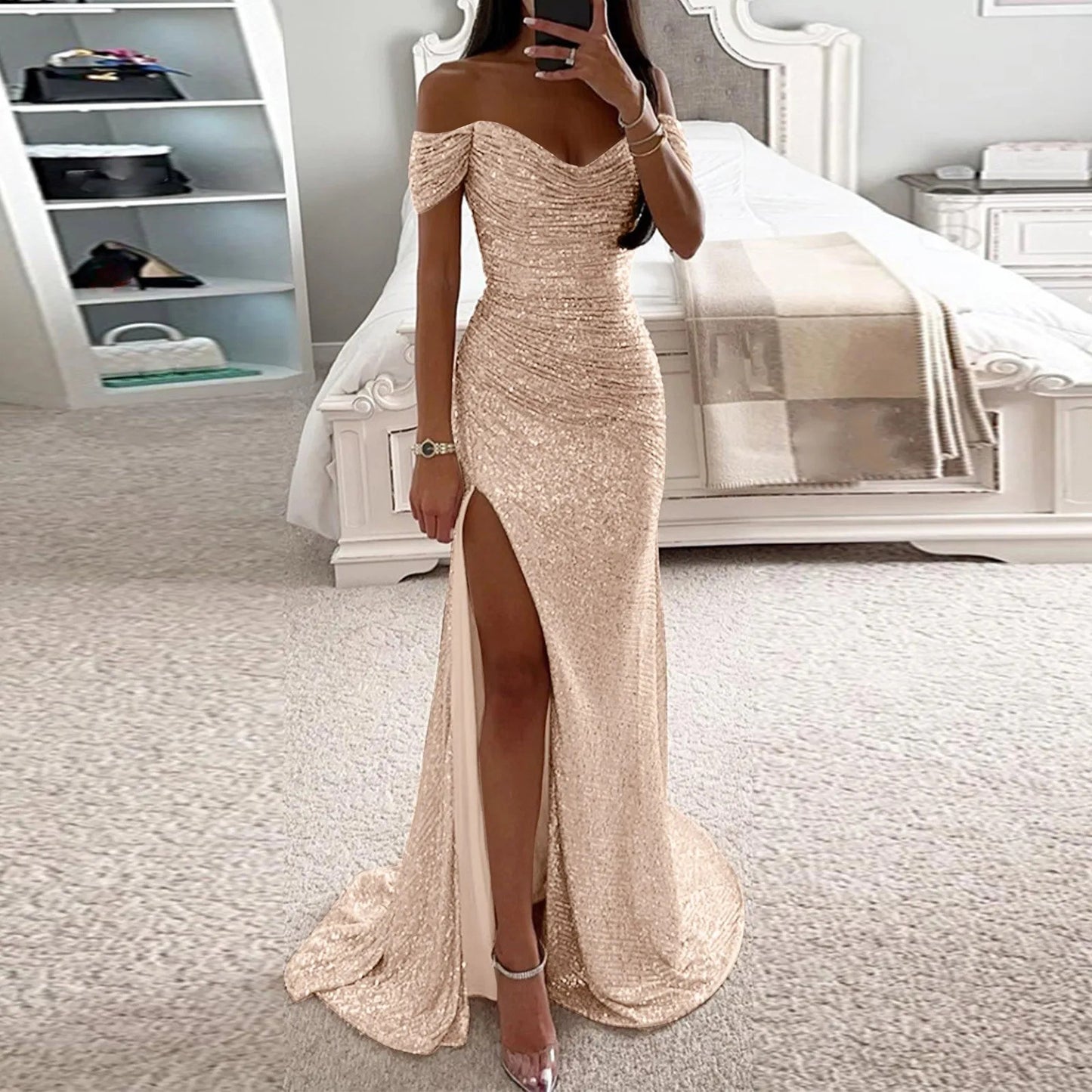 Female Creative Solid Color Sparkling Slit Dress