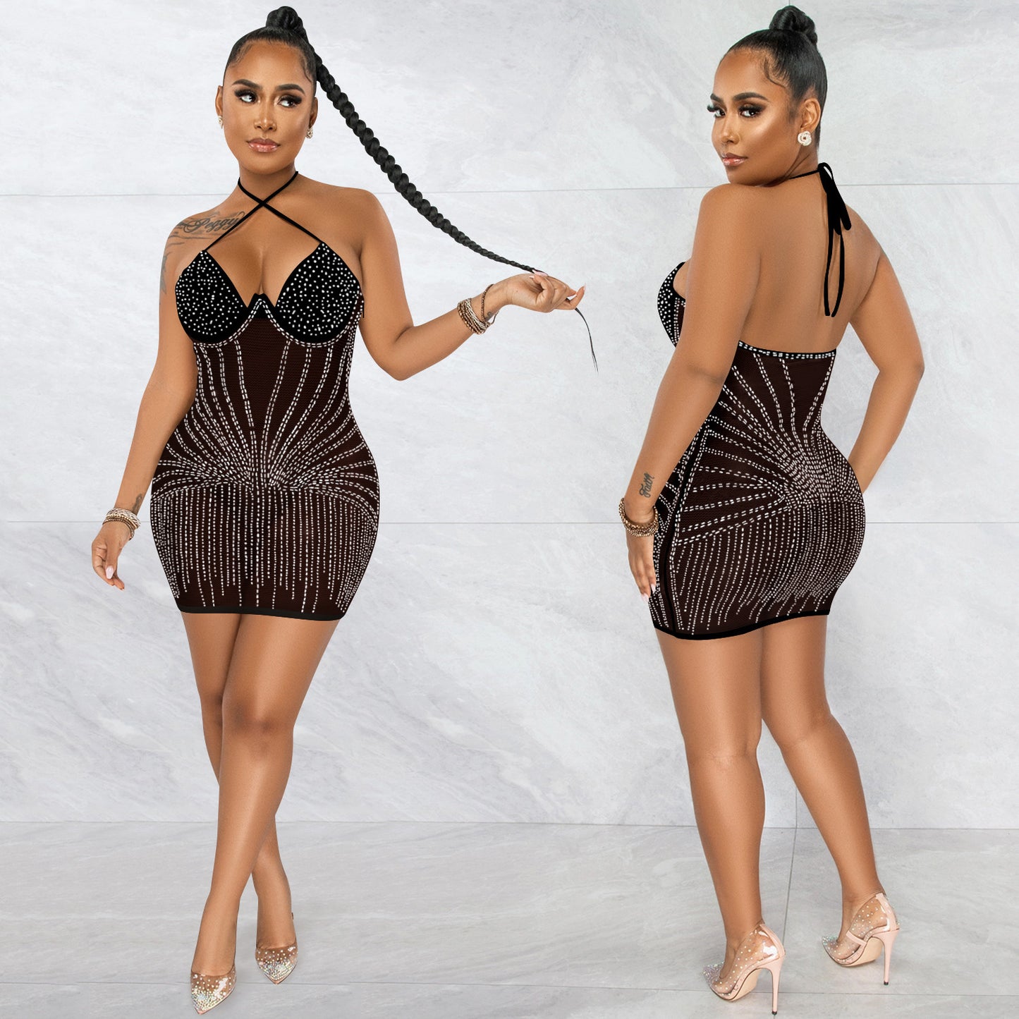 Sling Wrapped Chest Rhinestone Mesh Perspective Skirt Dress