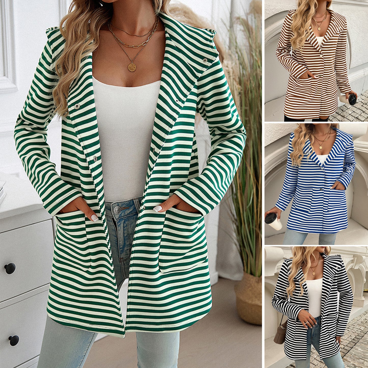 Elegant Striped Cardigan Hooded Knitted Long-sleeved Coat