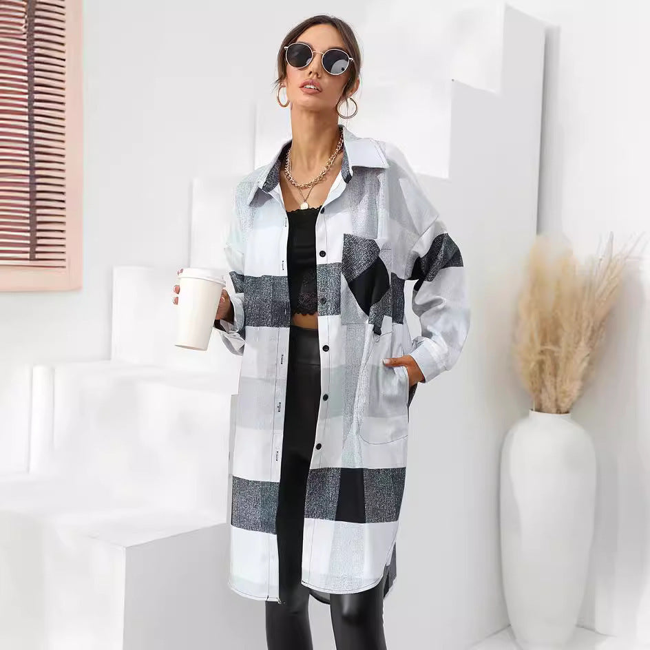 Women's Autumn And Winter Plaid Single-breasted Long Coat