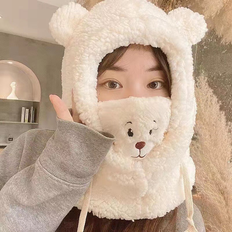 Cute Bear Plush Hat Winter Warm Thickened Scarf With Mask Anf Drawstring Design