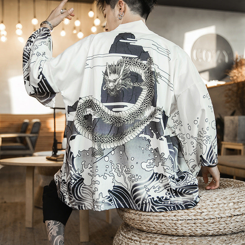 Japanese style and wind cardigan kimono shawl thin coat feather woven men and women couple holiday summer sun protection clothing