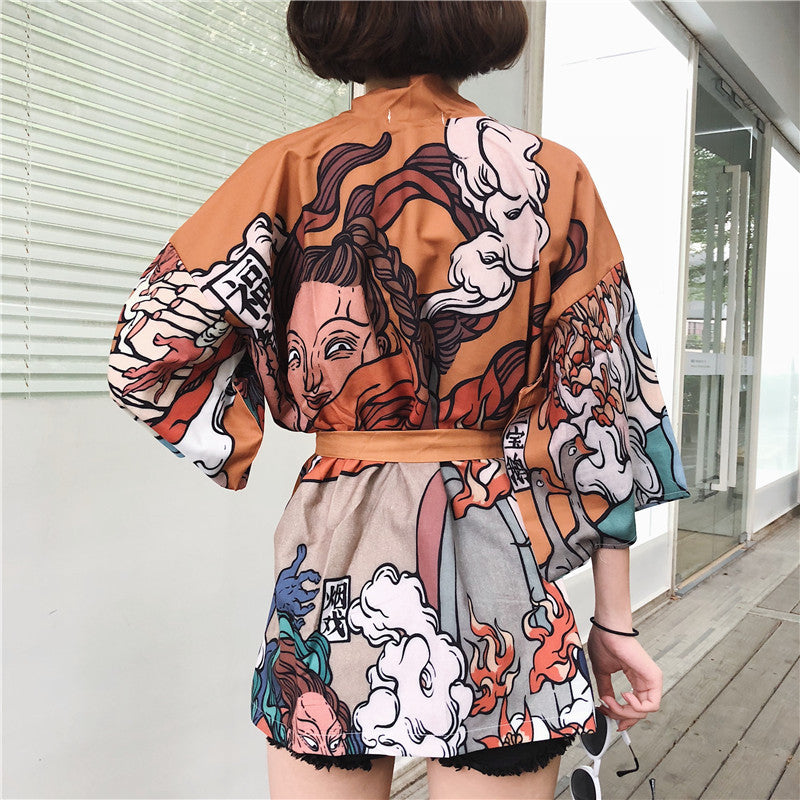 Japanese style and wind cardigan kimono shawl thin coat feather woven men and women couple holiday summer sun protection clothing