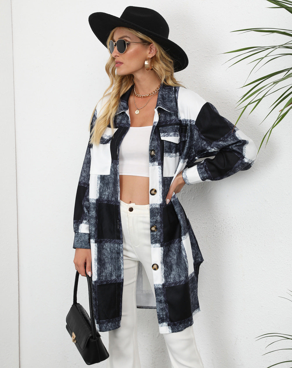 Women's Plaid Single-breasted Lapel Long-sleeved Coat