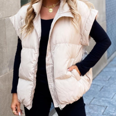 Solid Color Zipper Pocket Cotton-padded Vest Fashion Stand Collar Temperament Commute Coat