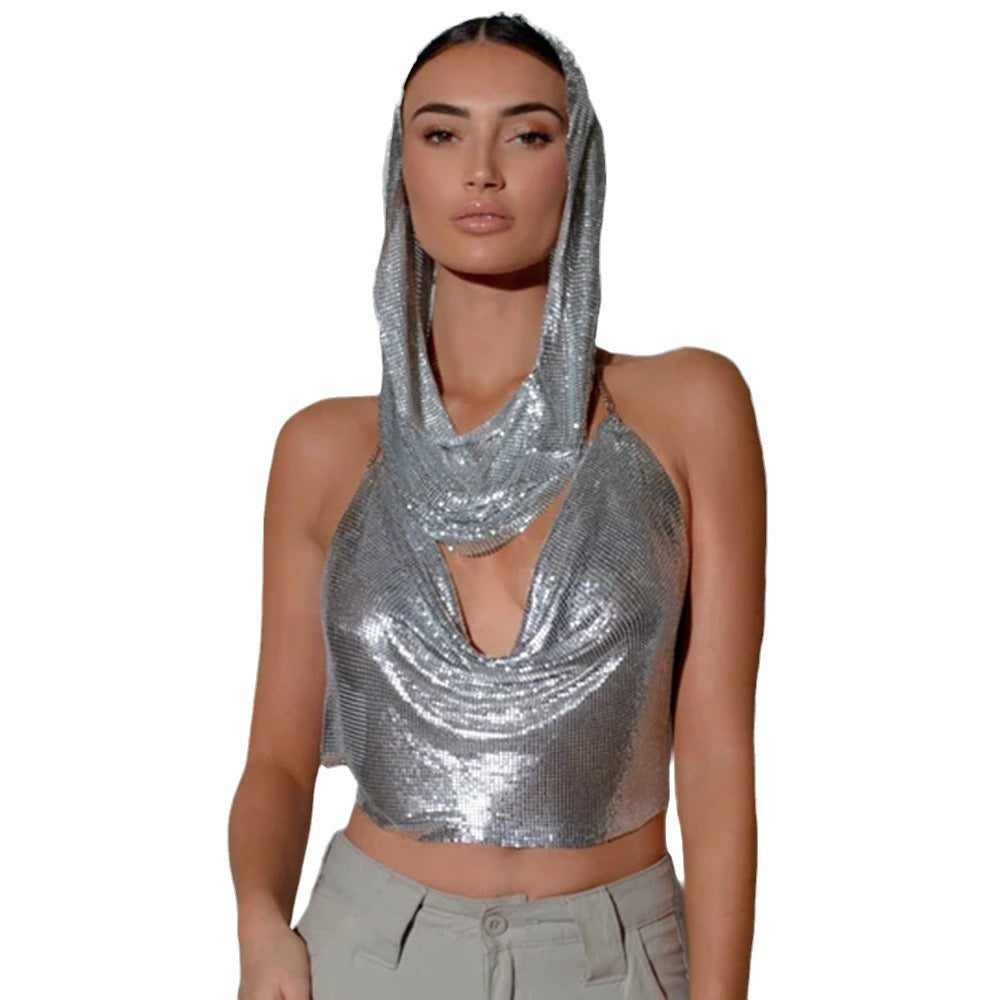 Back Slit Metal Sequins Top Scarf Two-piece Set