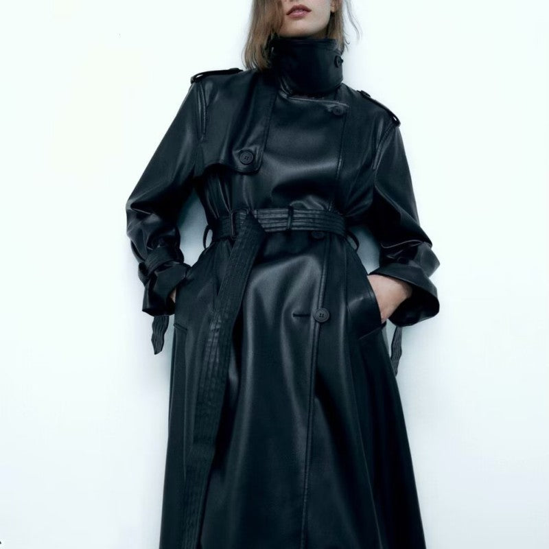 Women Long Leather Trench Coat With Belt