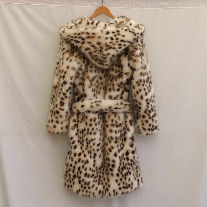 Leopard Print Faux Fur Coat Fox Fur Long Large