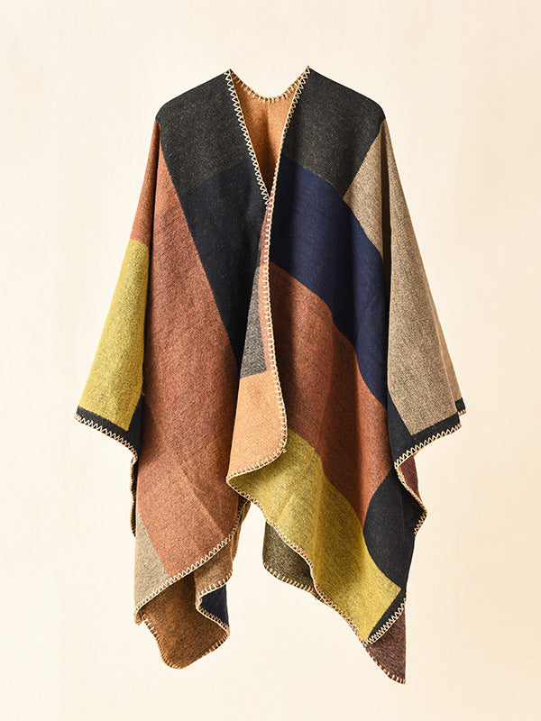 Double-sided Color Matching Plaid Cashmere-like Shawl Outer Match Cape Coat