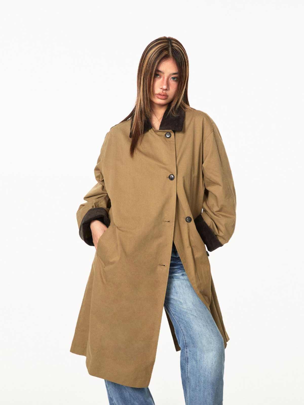 Loose Casual Mid-length Color Contrast Patchwork Lapel Trench Coat