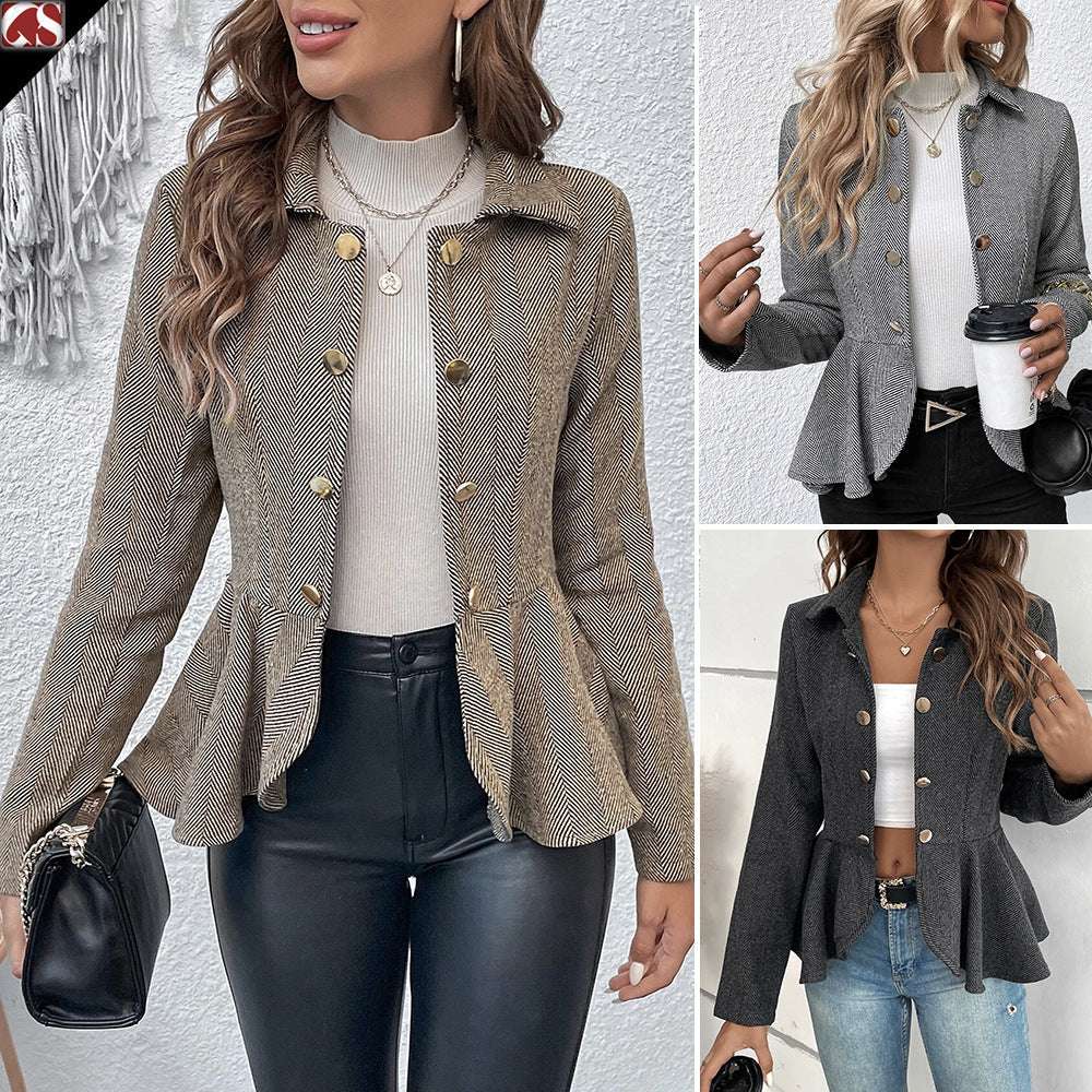 Women's Lapel Ruffled Slim Double-breasted Blazer