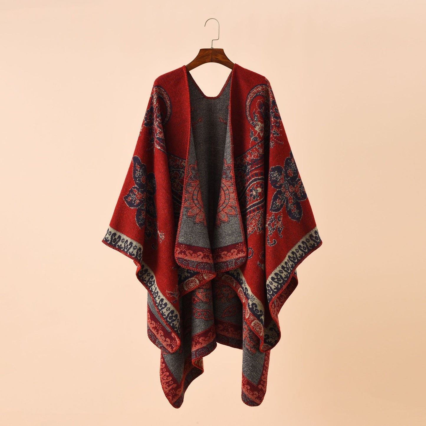 Double-sided Color Matching Plaid Cashmere-like Shawl Outer Match Cape Coat