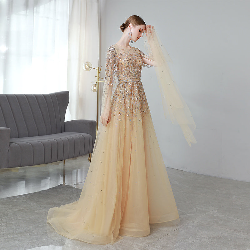 Gold High End Flying Sleeve Long Evening Dress