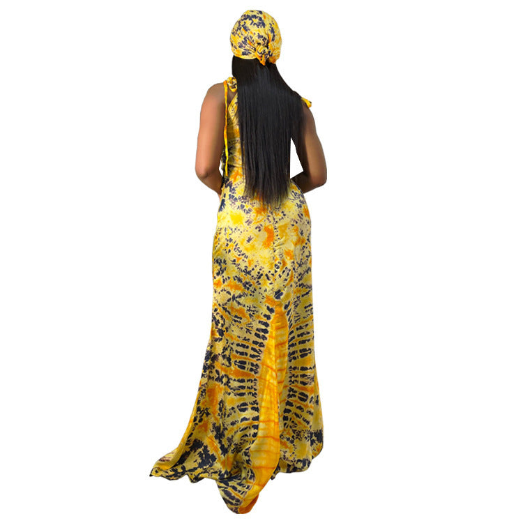 Women's Fashionable Printed Suspenders Slim Fit Long Dress Long Dress Scarf