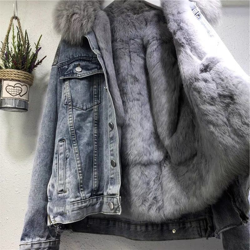 Women's Large Wool Collar Short Denim Coat Thickened With Velvet