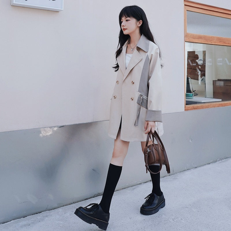 Loose Contrast Color Casual Creamy-white Short Trench Coat