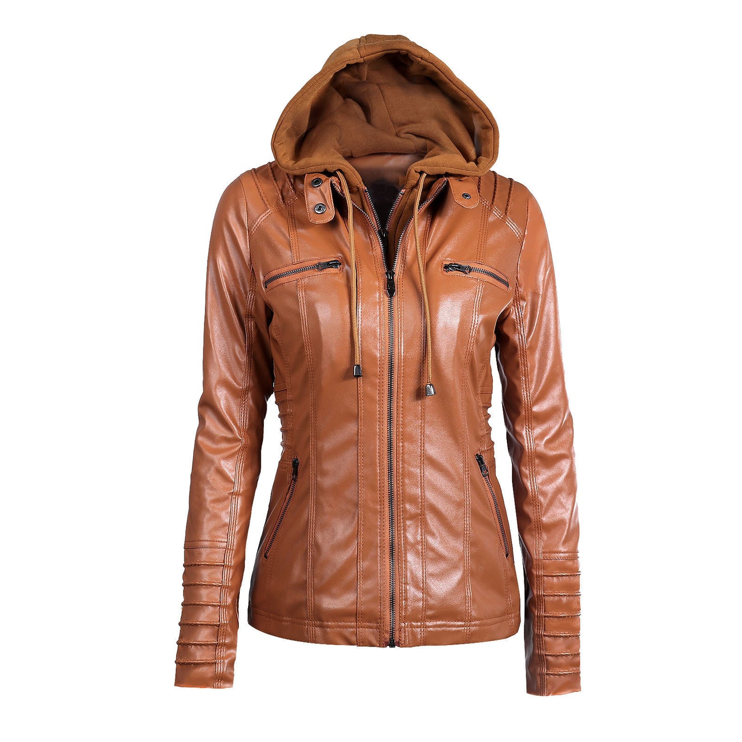 Detachable hooded lapel zipper long-sleeved solid color women's leather