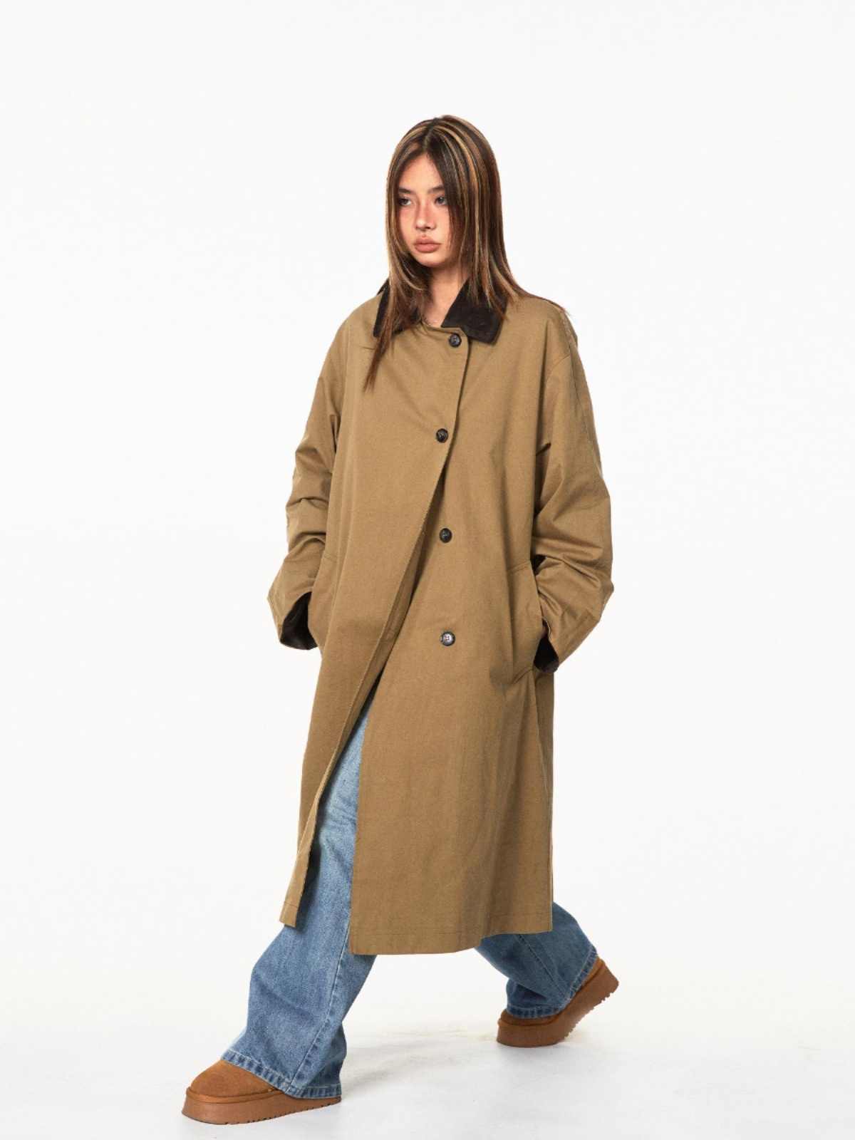 Loose Casual Mid-length Color Contrast Patchwork Lapel Trench Coat