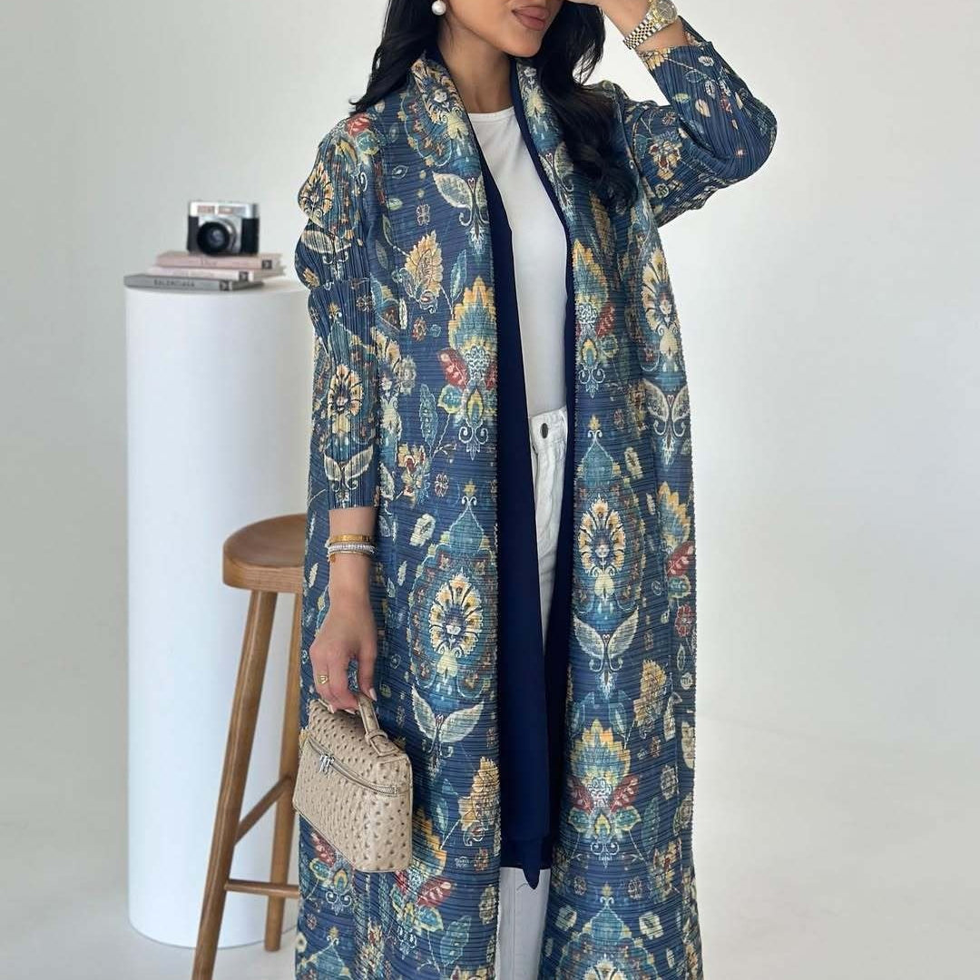 Pleated Trench Djellaba Hot-selling Printed Shawl Cardigan Ethnic Style Cloak Coat