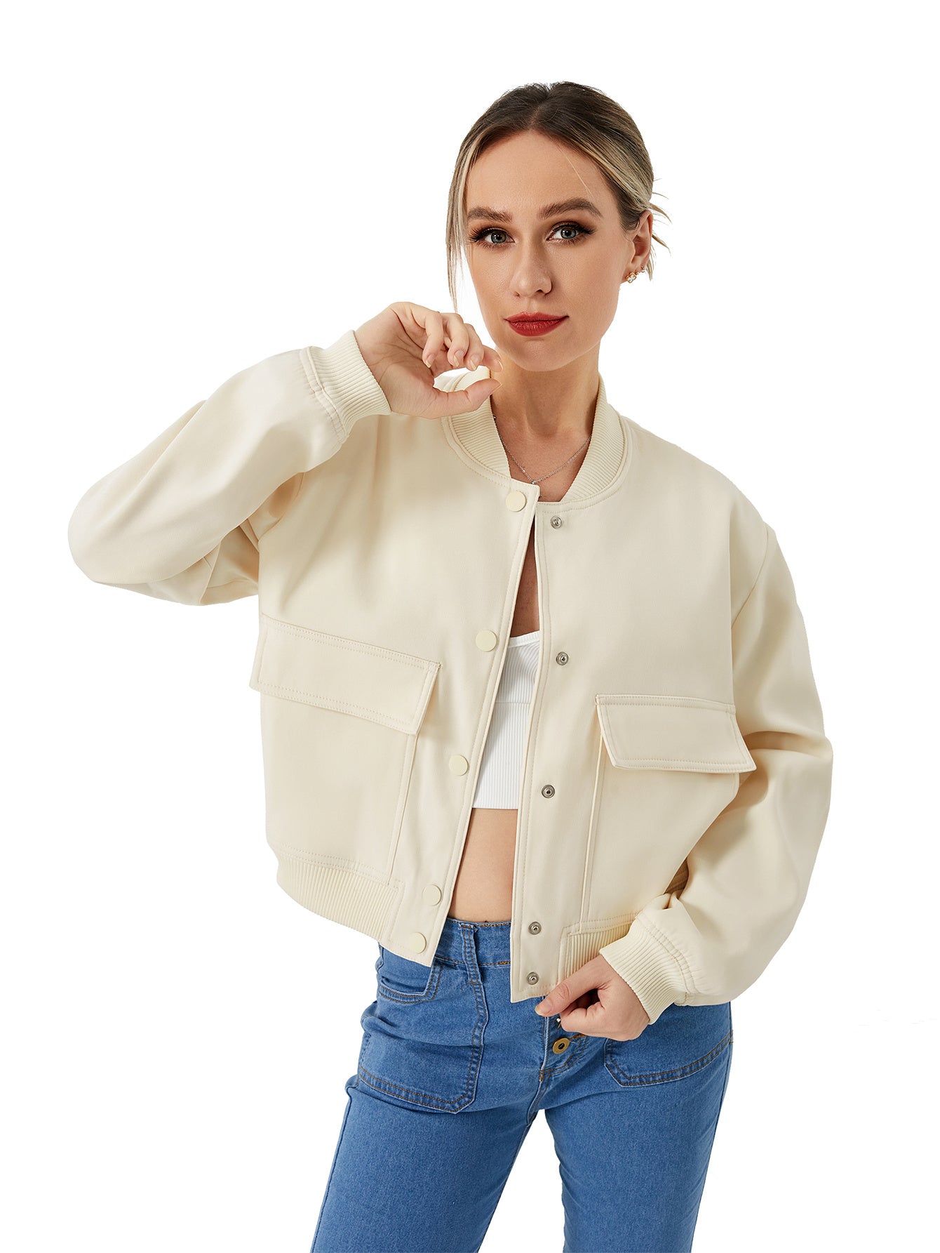 Women Lightweight Casual Cropped Bomber Jacket