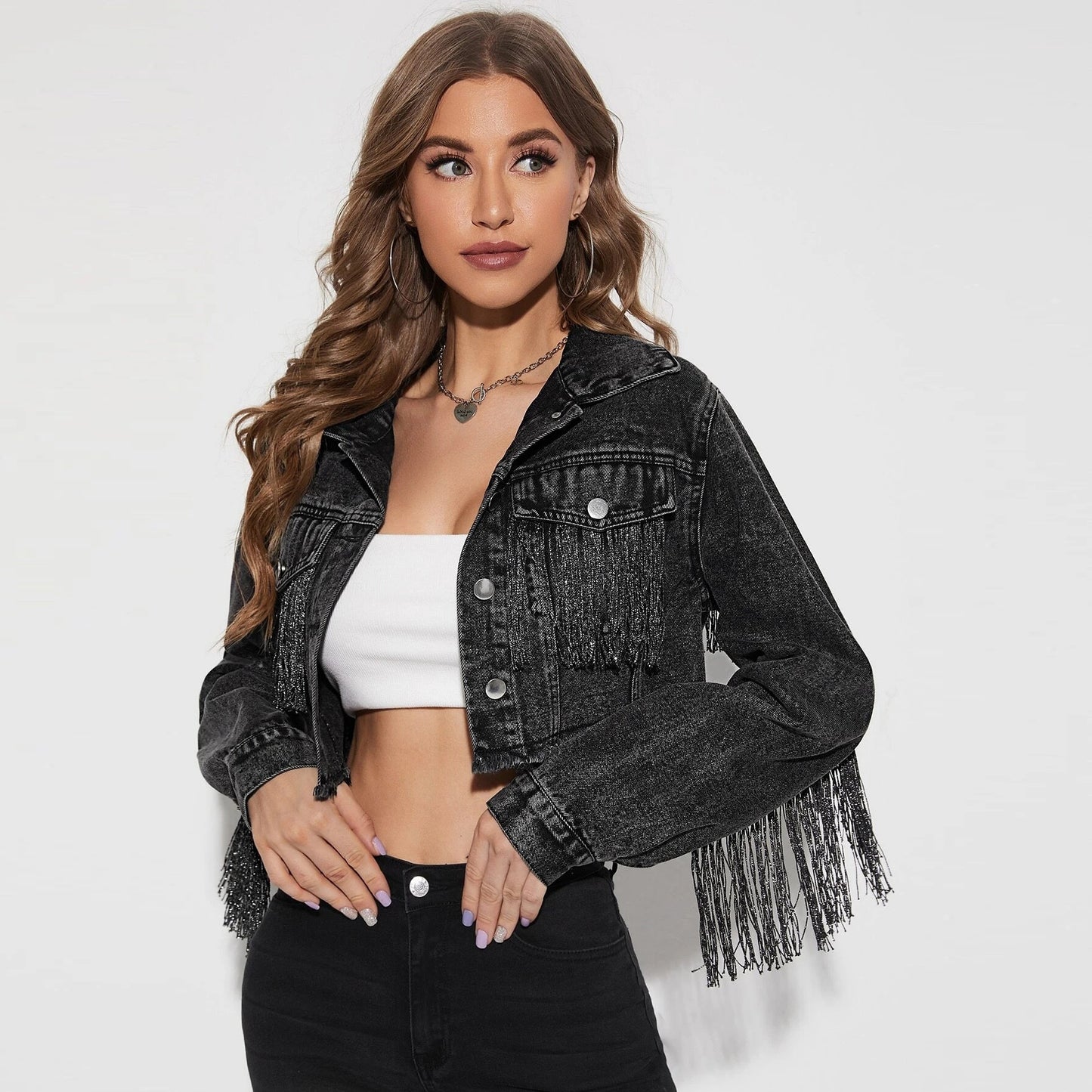 Women's Fashionable Fringed Stitching Distressed Denim Jacket