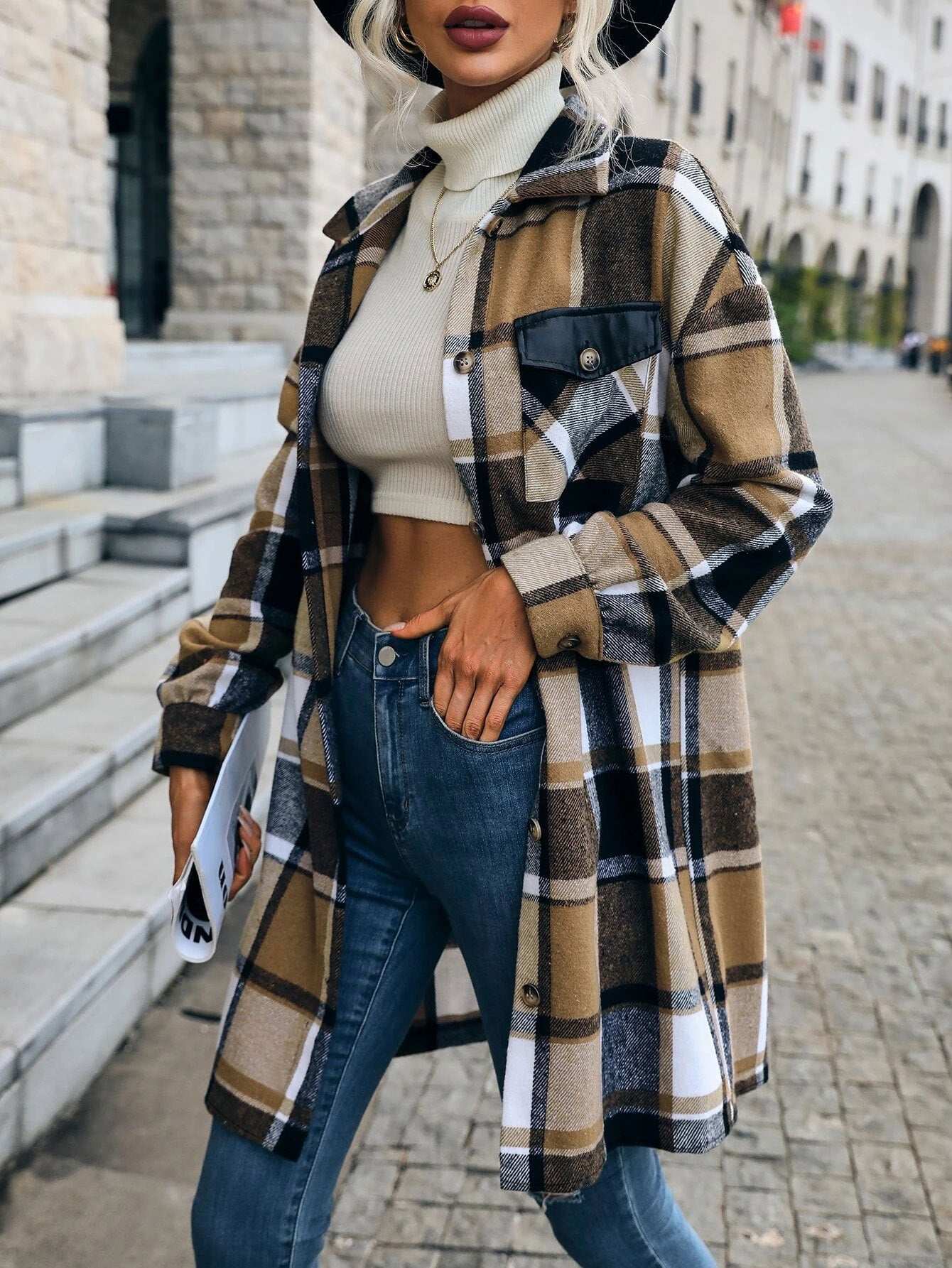 Women Casual Plaid Printed Pocket Long Jacket