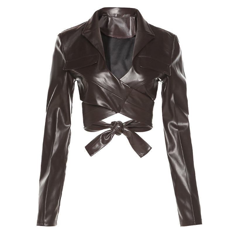 Cross StrapsWaist And ChestLong-sleeved Pu Leather Short Jacket Women