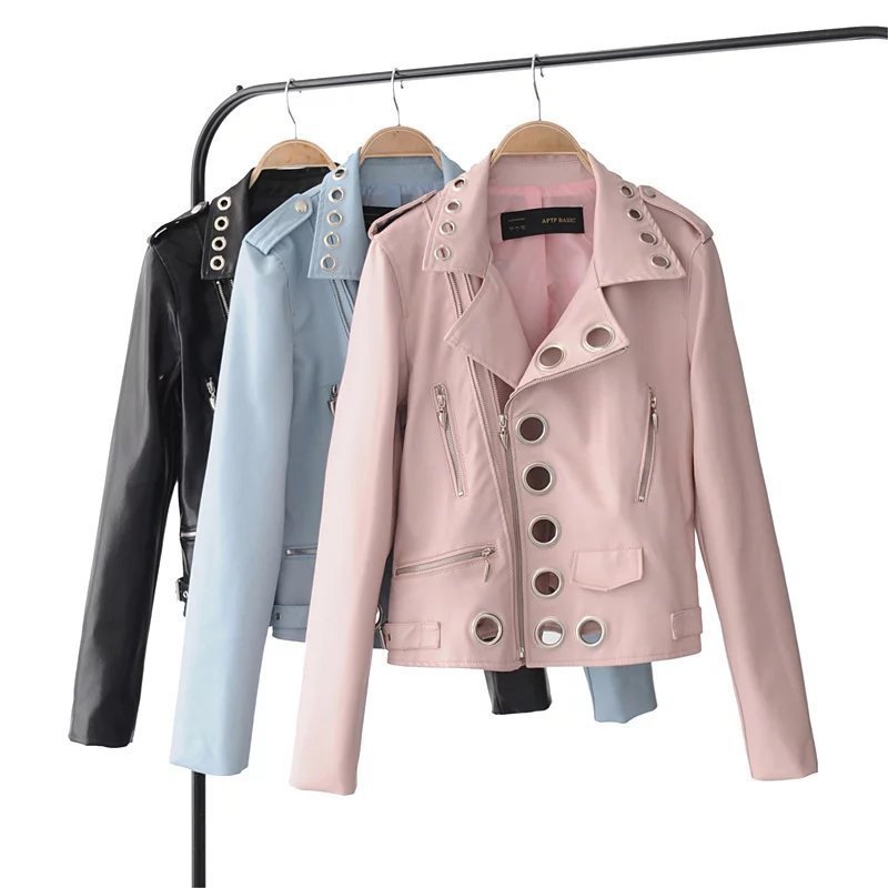 Ladies Fashion Hollow Pu Leather Jacket