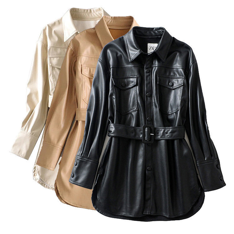 Women's high waist lace-up PU coat