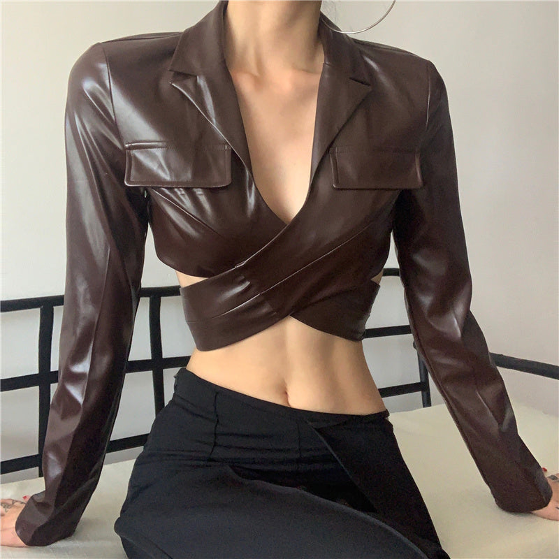 Cross StrapsWaist And ChestLong-sleeved Pu Leather Short Jacket Women