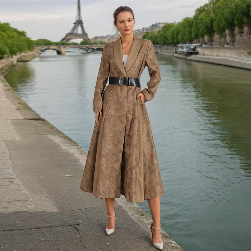 Blooming Texture V-neck Leather Slimming Trench Coat Women