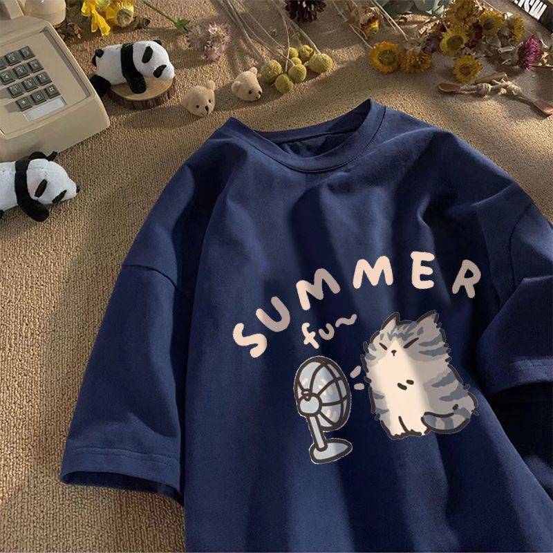 Pure Cotton Cartoon Kitten Print Short Sleeve Shirt Men And Women