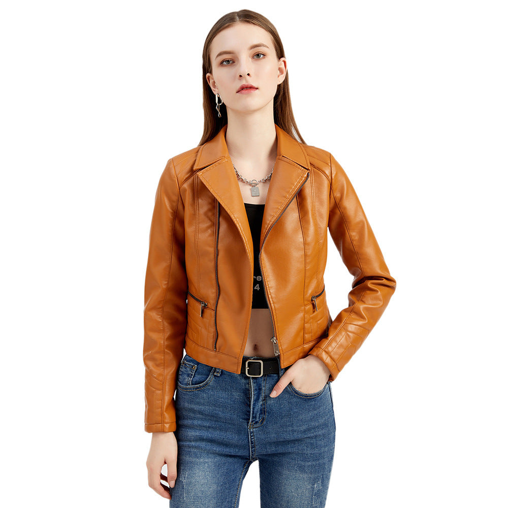 Womens Fashion Lapel Spring And Autumn Washed PU Leather Jacket