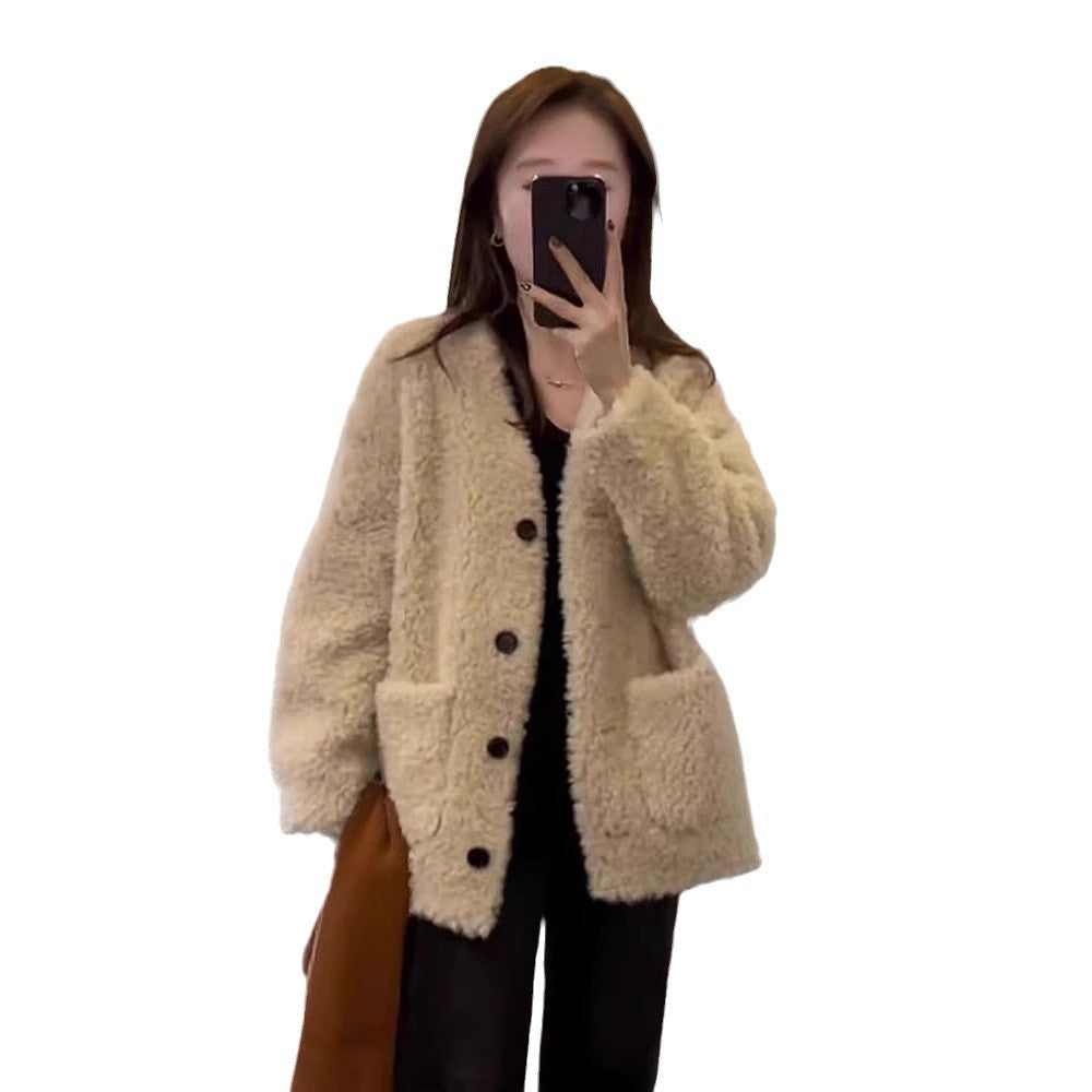 Loose And Warm Lamb Wool Top Coat For Women