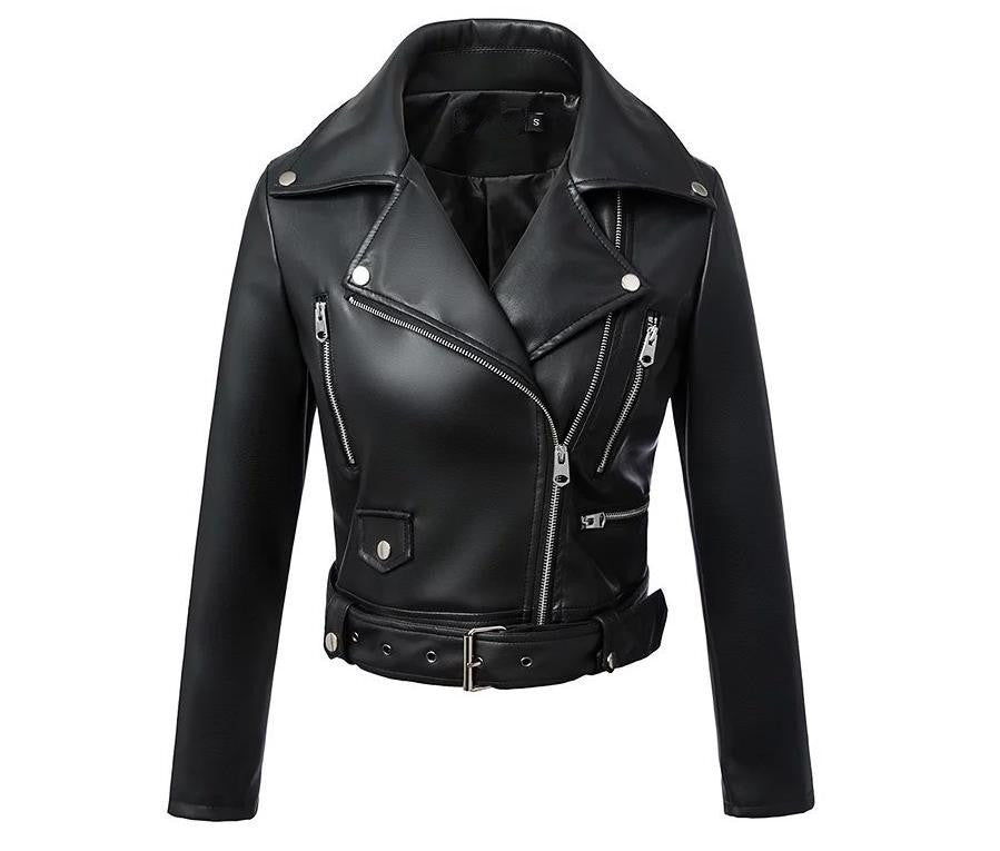 Women's Short Slim High Waist Motorcycle Leather Jacket