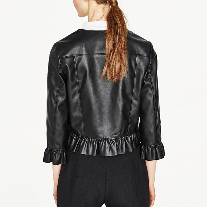 Ruffle cropped round-neck leather jacket