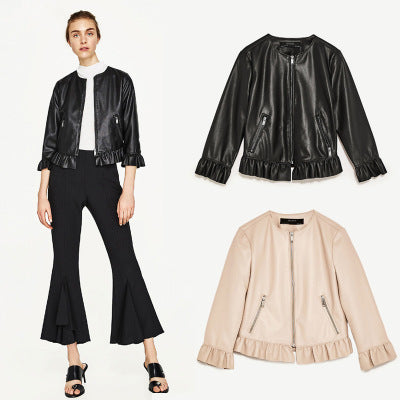 Ruffle cropped round-neck leather jacket