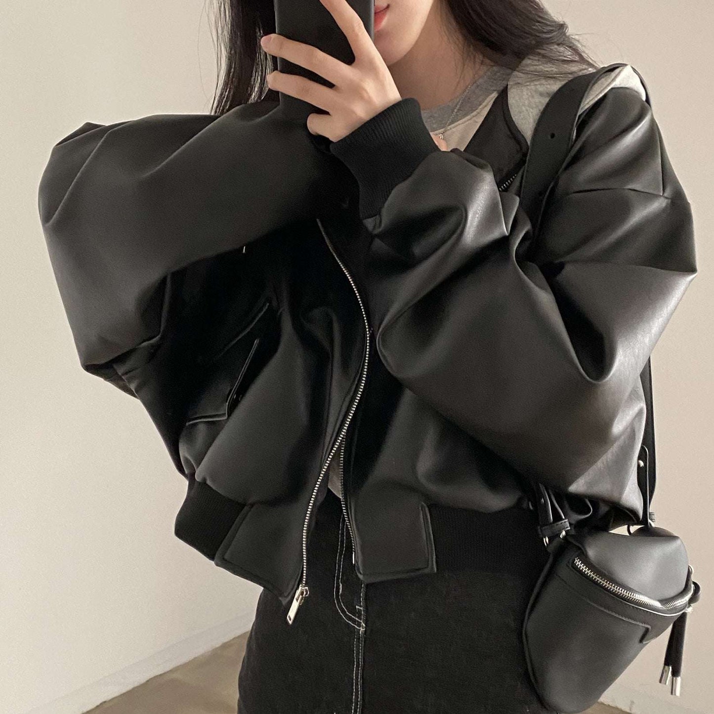 Fake Two-piece Short Leather Jacket Coat