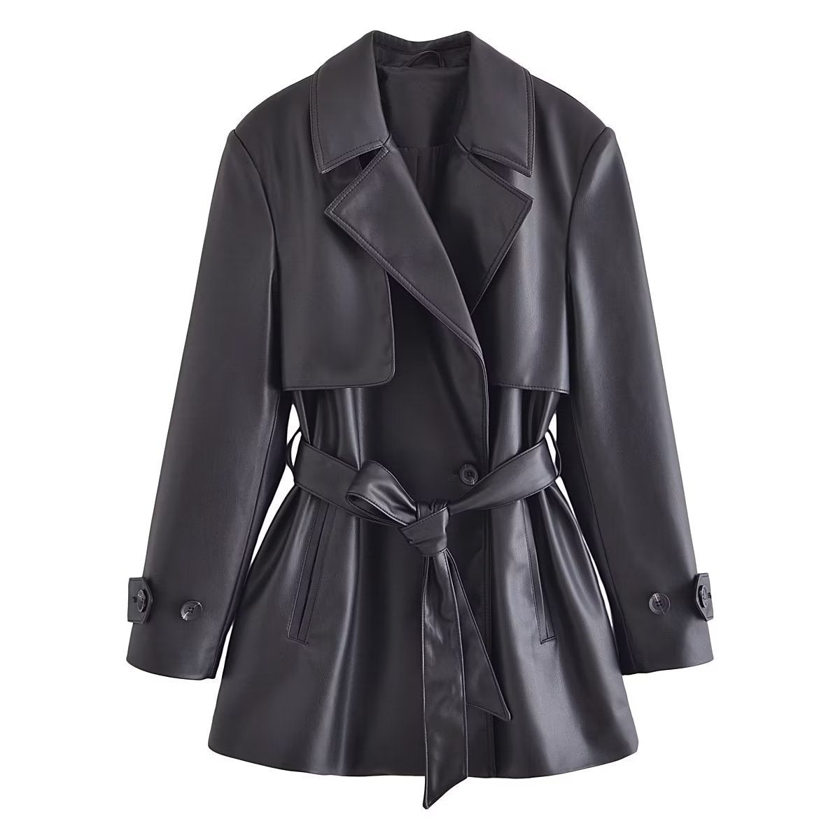 Women's Elegant Slightly Mature Imitation Leather Short Trench Coat