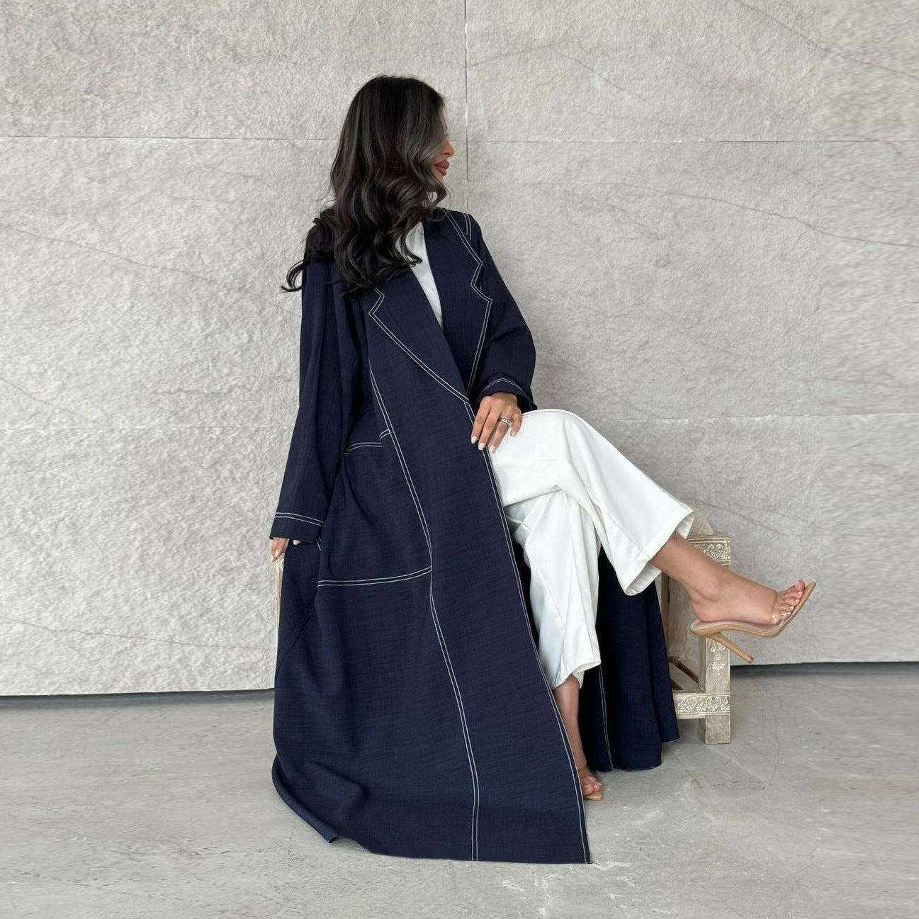 Loose Plus Size Slimming Contrast Color Open Line Denim Long Trench Coat