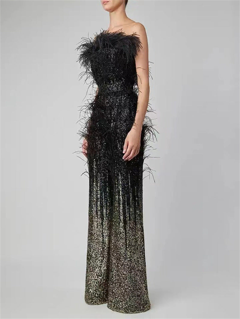 Ostrich Feather Gradient Sequin Tube Top Jumpsuit