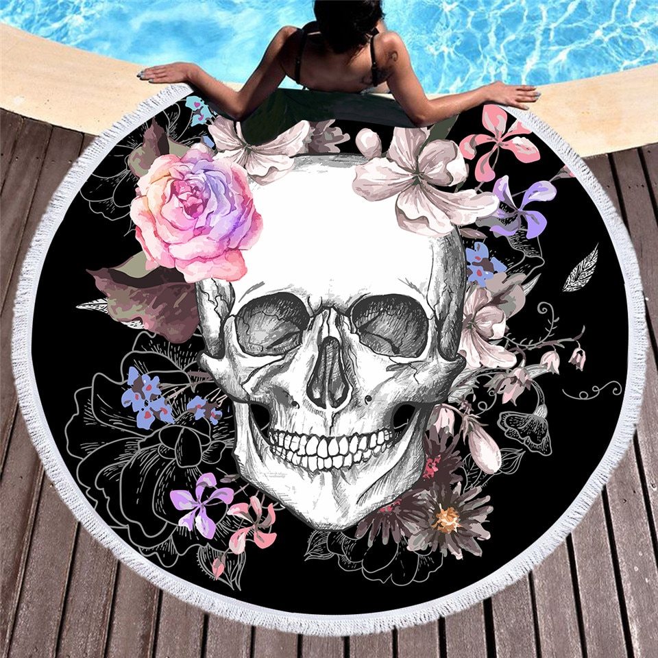 BeddingOutlet Sugar Skull Round Beach Towel Floral Tassel Tapestry And Black Yoga Mat Flower Gothic Toalla Blanket 150cm