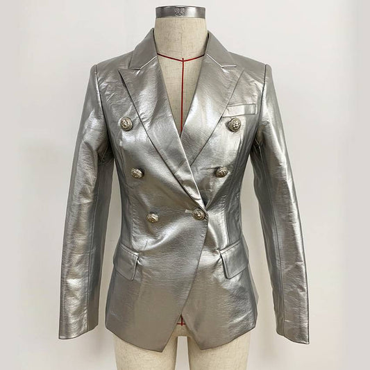 Double-breasted Shiny Silver Synthetic Leather Slim Suit Jacket